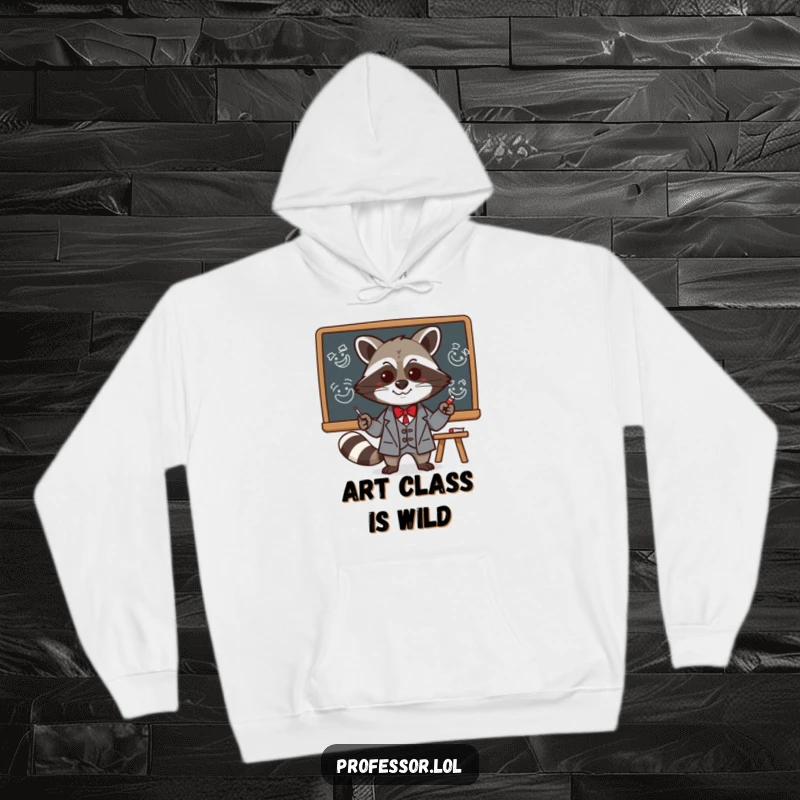 Funny Kawaii raccoon professor drawing silly faces on a blackboard, featured on a warm and humorous hoodie, perfect for intellectual fun.