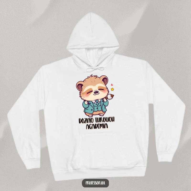 Funny Kawaii sloth professor dozing off while holding a lecture pointer, featured on a warm and humorous hoodie, ideal for cozy moments.