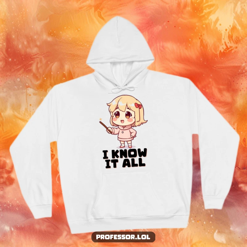 Funny hoodie featuring a character using a pointer stick with great enthusiasm to illustrate a point, offering warmth and inspiration.