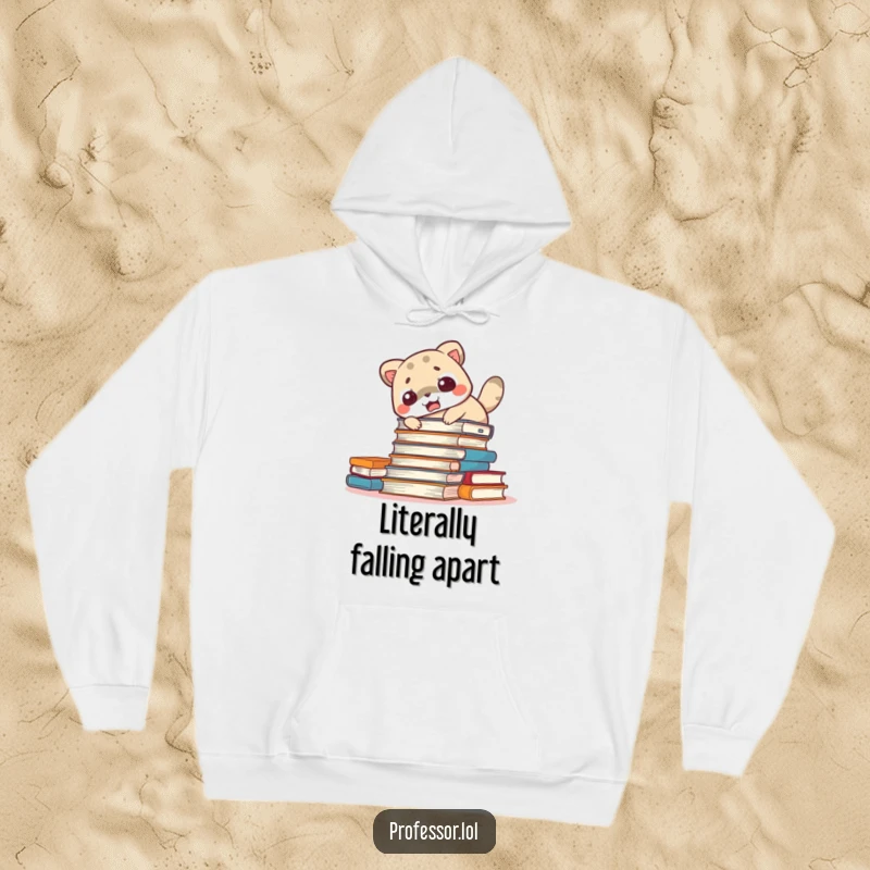 Funny startled animal hoodie featuring a cute character looking surprised next to a toppled stack of books, embodying cozy literary mishaps.
