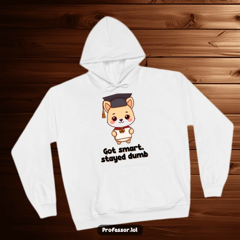 Funny graduation animal hoodie depicting a cute character in academic regalia, diploma in hand, radiating humorous academic pride and warmth.