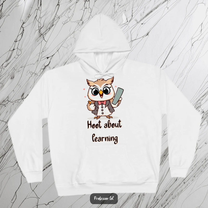 Funny Kawaii owl professor character excitedly explaining a lesson with large chalk, printed on a comfortable hoodie.