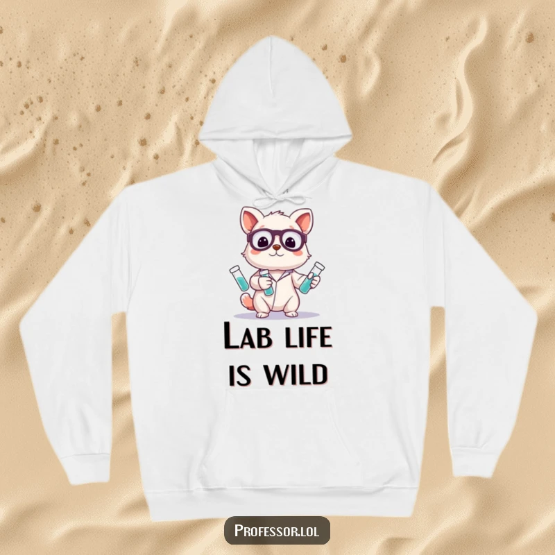 Funny hoodie with a cute animal character energetically juggling glowing test tubes, radiating scientific curiosity and a playful demeanor.