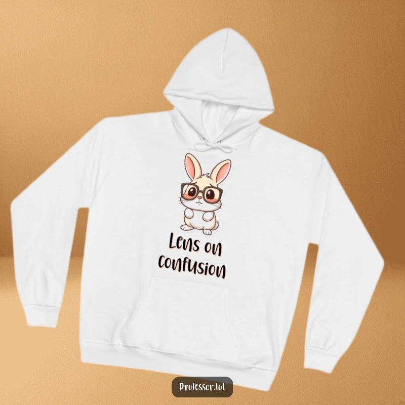 Funny hoodie with a rabbit sporting oversized spectacles, looking utterly bewildered and surprised, perfect for comfy days.