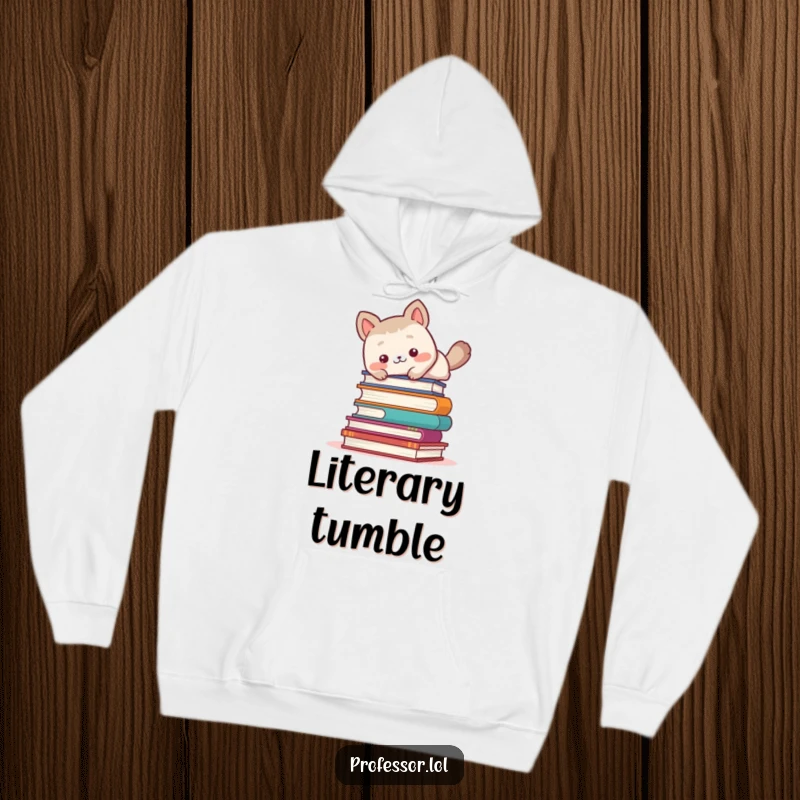 Funny cute animal character comically tripping over a tall stack of books, soft and warm hoodie.