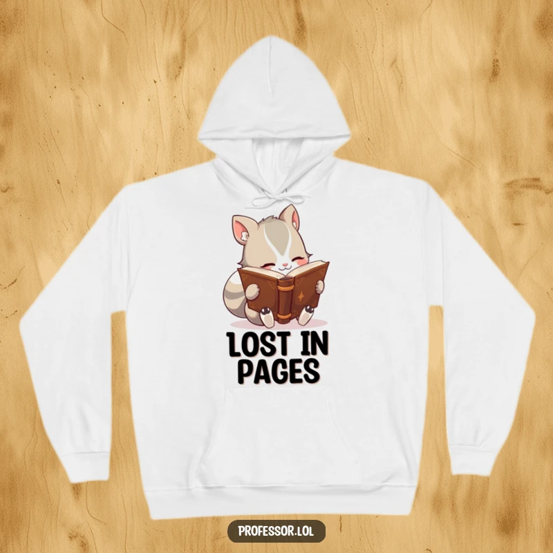 Funny hoodie featuring a cute animal character engrossed in reading a thick, ancient-looking book, radiating peaceful concentration.