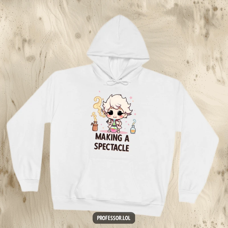 Funny hoodie featuring a character happily experimenting and creating colorful smoke, perfect for cozy creative sessions.