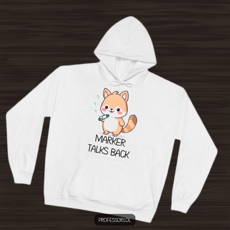 Funny hoodie depicting a cute animal character in a lively debate with a whiteboard marker, radiating thoughtful and humorous energy.