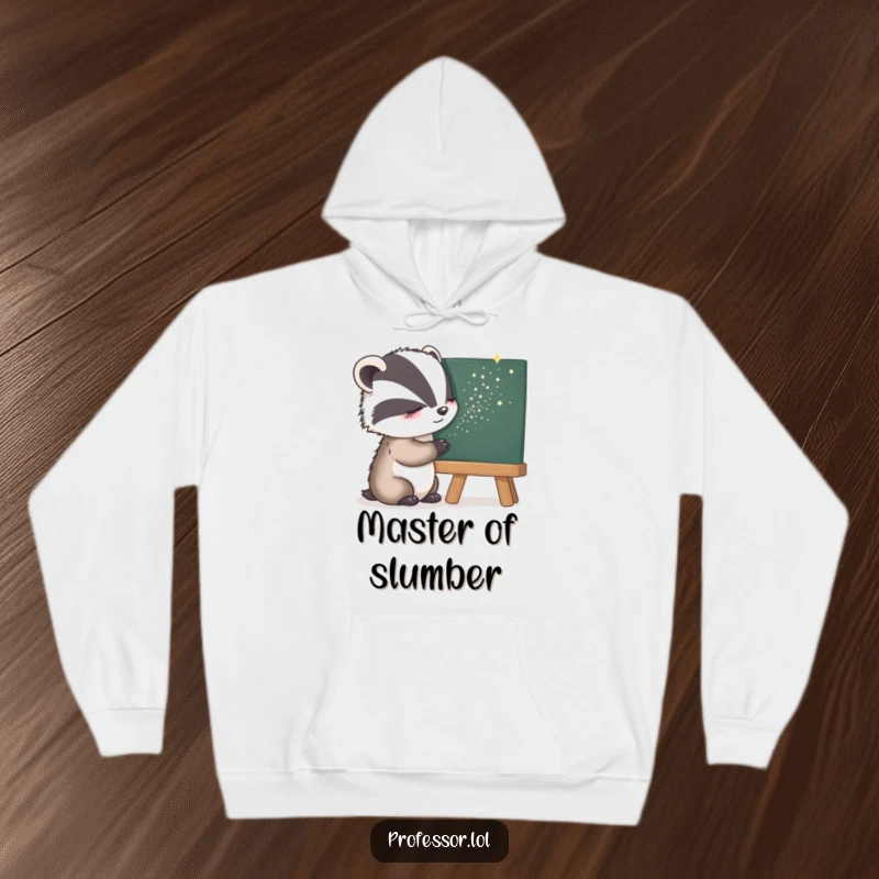 Funny Hoodie showcasing a sleepy badger sprinkling sparkling stardust onto a dark blackboard, perfect for cozy, magical moments.