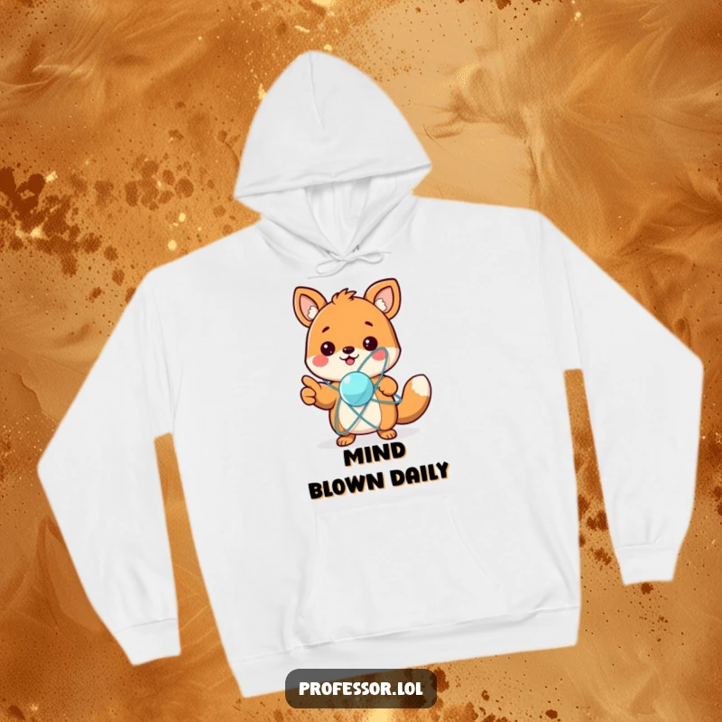 Funny hoodie featuring a cute animal character excitedly pointing at a spinning atom model, radiating intellectual excitement.