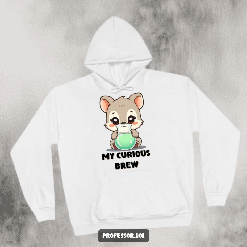 Funny hoodie showing a curious animal character studying a bubbling beaker, offering warmth and a touch of humorous scientific exploration.