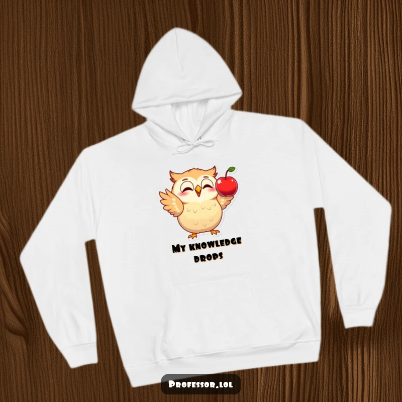 Funny hoodie featuring an excited owl demonstrating physics with a falling apple, perfect for cozy, humorous intellectual wear.