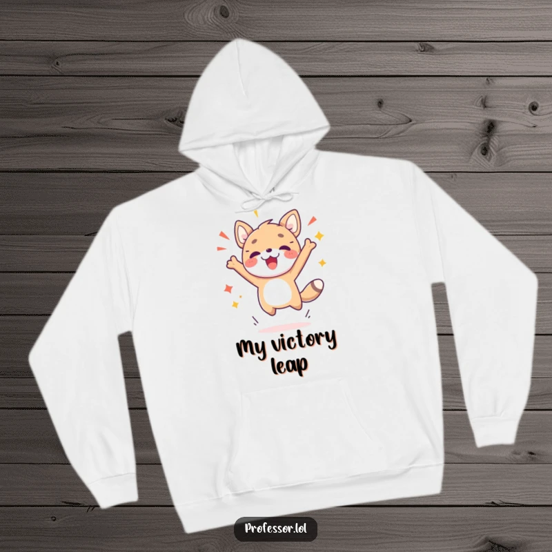 Funny hoodie showing a cute animal character mid-air, joyfully celebrating a significant breakthrough or moment of inspiration.