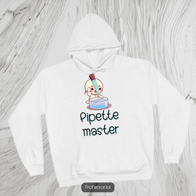 Funny hoodie showing a character playfully using a pipette to drip liquid onto a petri dish, science exploration.