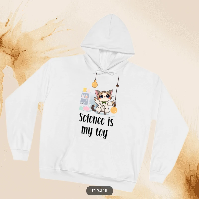 Funny Cat Professor Hoodie: A curious cat professor bats at a dangling pendulum in a laboratory, a warm and hilarious hoodie for thinkers.