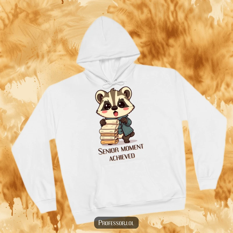 Funny Kawaii badger professor hoodie, surprised scholar dropping ancient scrolls, warm and humorous apparel, great gift for academics.