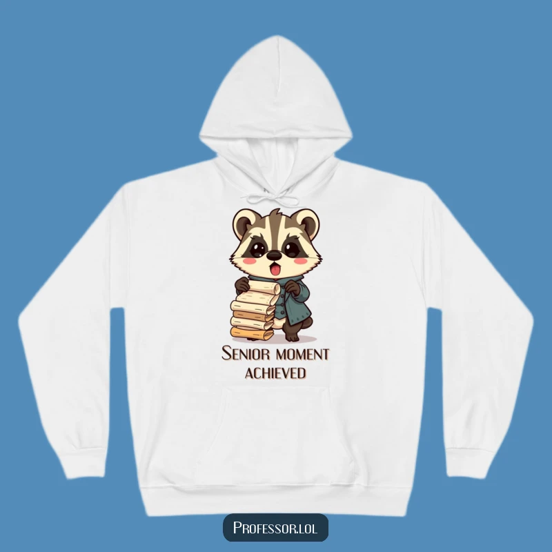 Cozy Badger Professor Hoodie: Funny Surprised Scholar Dropping Scrolls, Warm Gift