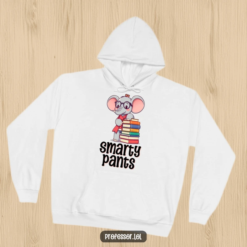 Funny Kawaii elephant professor wearing a graduation cap, balancing an enormous tower of books on this cozy hoodie.
