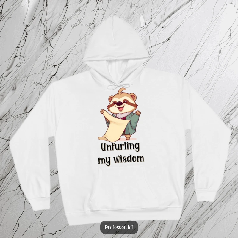 Funny Sloth Professor Hoodie: A joyful sloth professor slowly unfurls a very long scroll, a warm and hilarious hoodie for relaxed days.