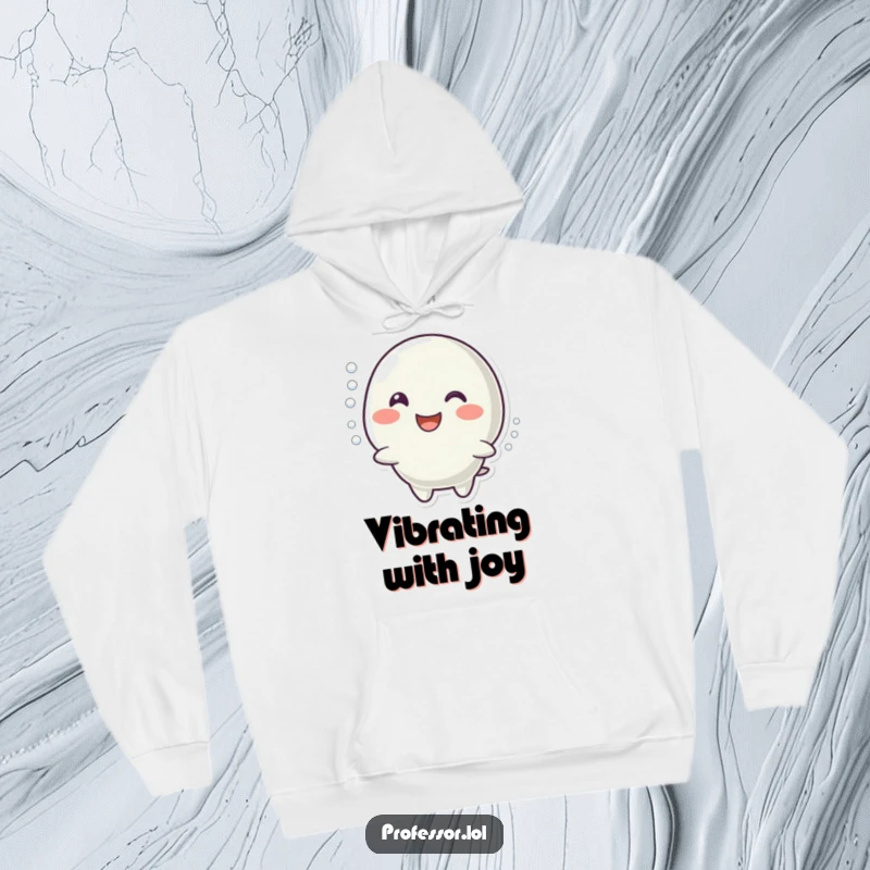 Funny hoodie showing a character with a cheerful smile imitating a bubbly reaction, symbolizing effervescence and warmth.