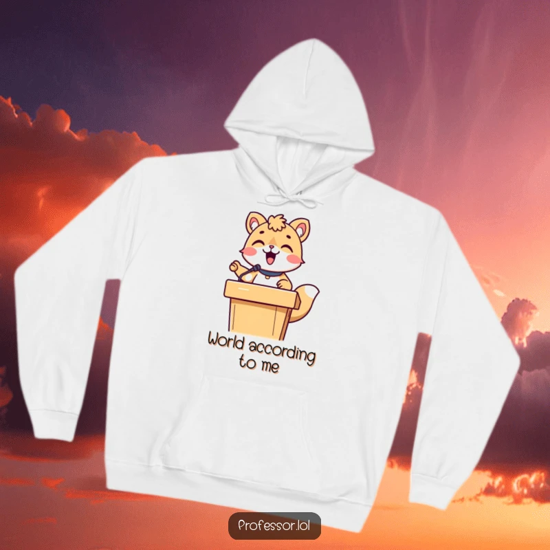 Funny cute animal character in a professorial pose lecturing energetically from behind a podium, soft and cozy hoodie design.