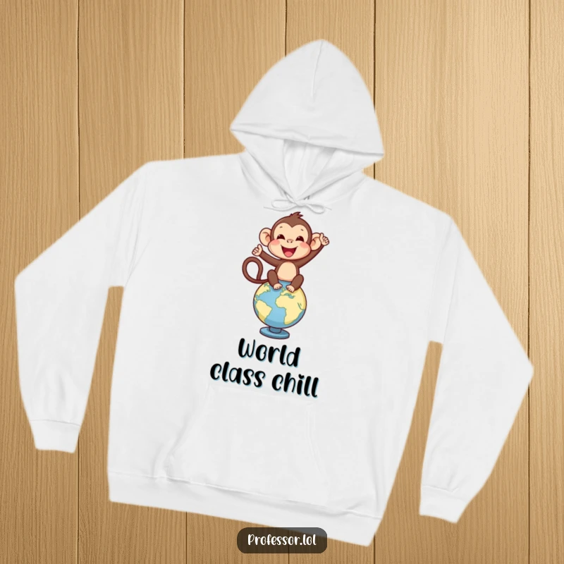 Funny delighted monkey balancing on a globe, symbolizing global adventure on this cozy hoodie.