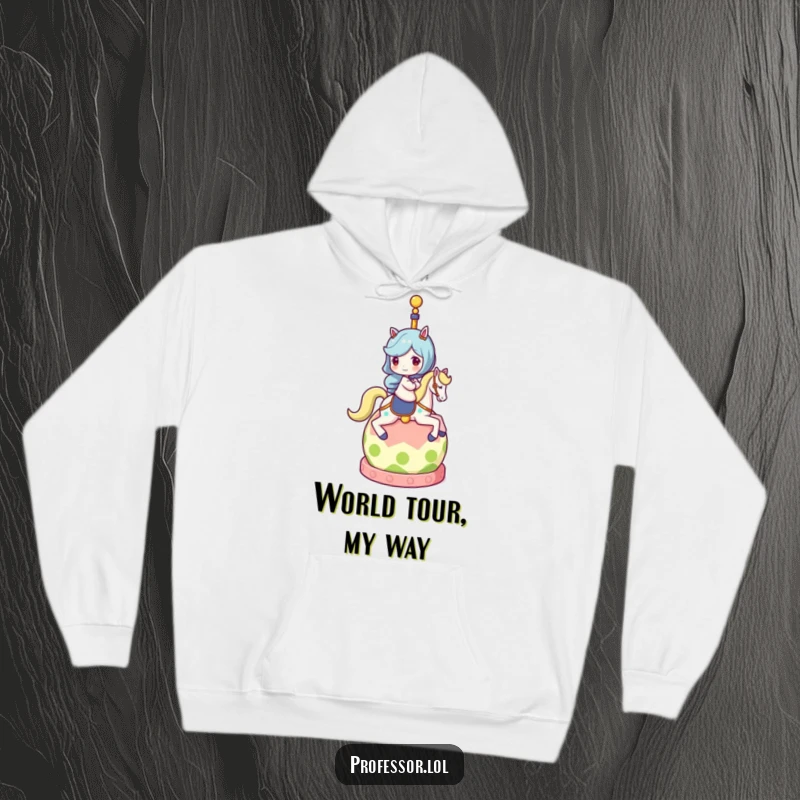 Funny hoodie featuring a character joyfully riding a spinning globe, perfect for travelers seeking warmth and a good laugh.