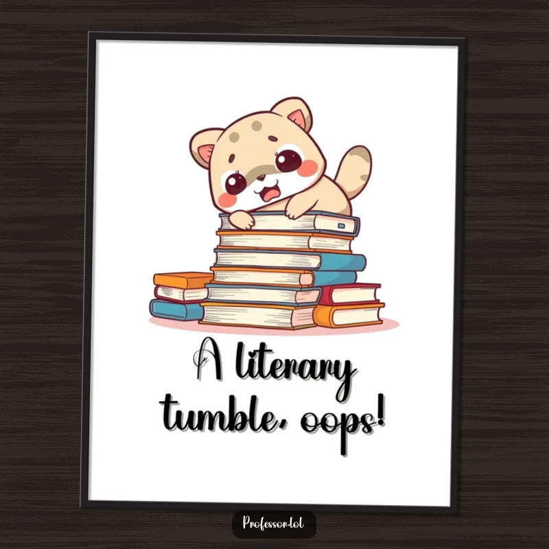 Funny Free Printable Wall Art: A startled animal accidentally demolishes a stack of books, creating artistic chaos.