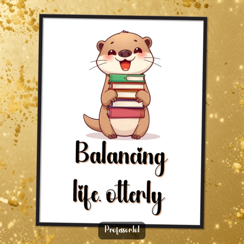 Funny Free Printable Wall Art: A delighted otter with sparkling eyes, skillfully balancing a large stack of books on its nose, looking proud.