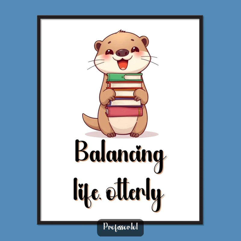 Funny Free Printable Wall Art: Otter Balancing Books, Whimsical Downloadable Decor for a Study