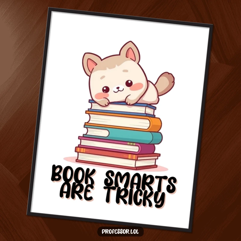 Funny Free Printable Wall Art: A cute animal character comically tripping over a stack of books, adding humor to decor.