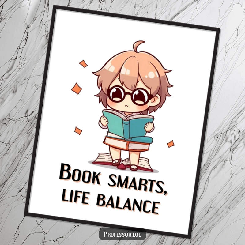 Funny Free Printable Wall Art: A character intensely focused on juggling an impressive pile of books.