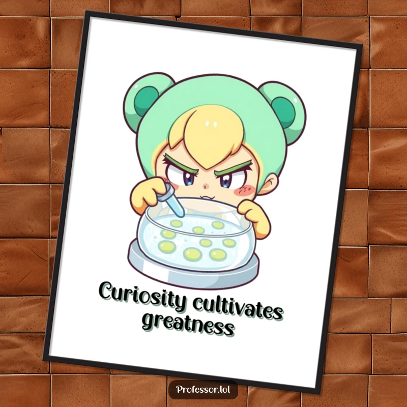 Funny Free Printable Wall Art: A determined character with a very curious expression intently examines a petri dish.