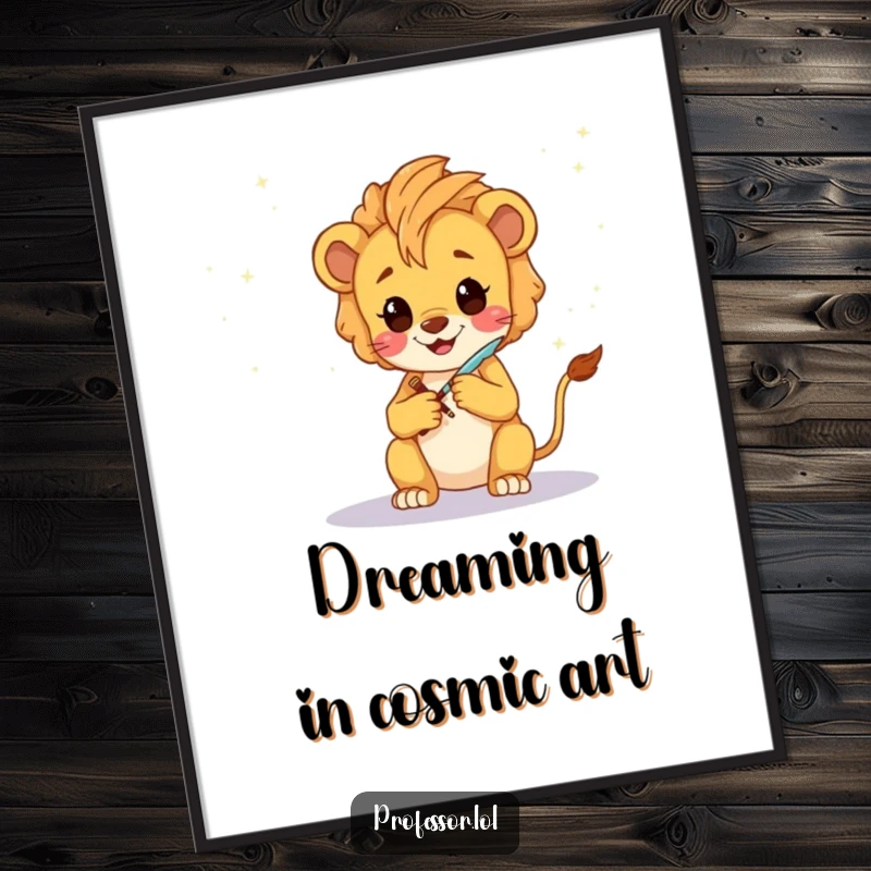 Funny Free Printable wall art of a happy Kawaii lion cub character sketching a fantastical galaxy with a glowing quill, creating cosmic art.