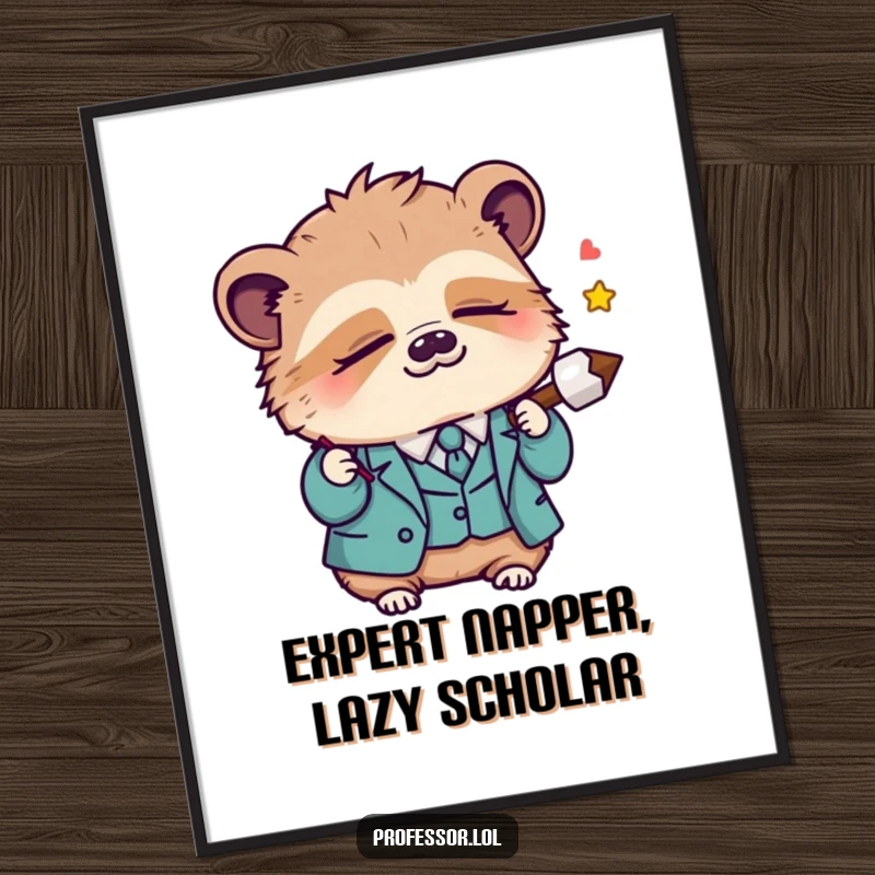 Funny Free Printable Wall Art: A sleepy Kawaii sloth professor character dozing off, holding a lecture pointer, bringing calm humor.