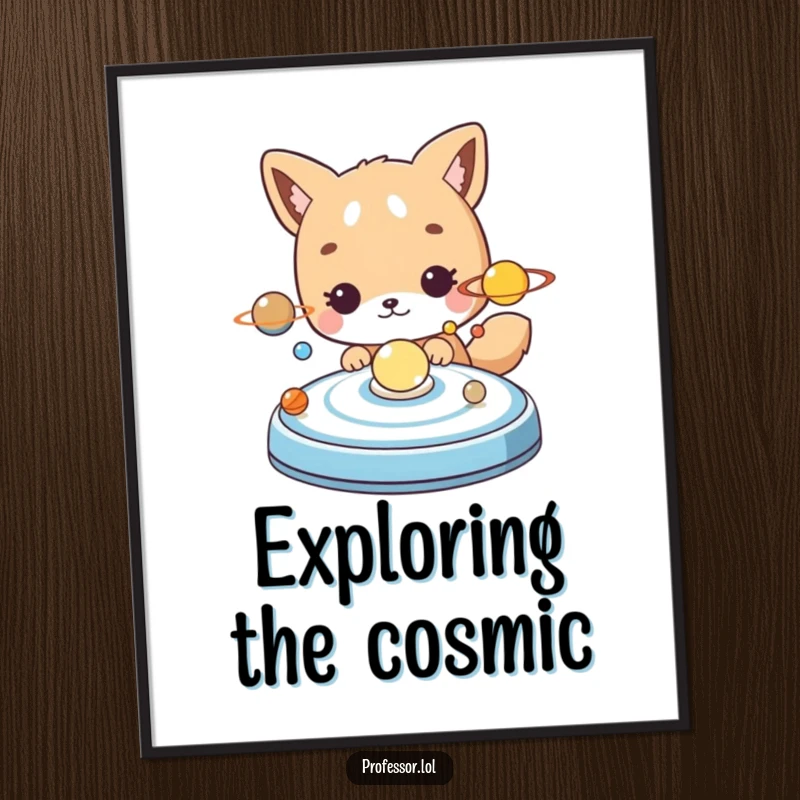 Funny Free Printable Wall Art: A cute animal character curiously examining a model of the solar system, adding wonder.