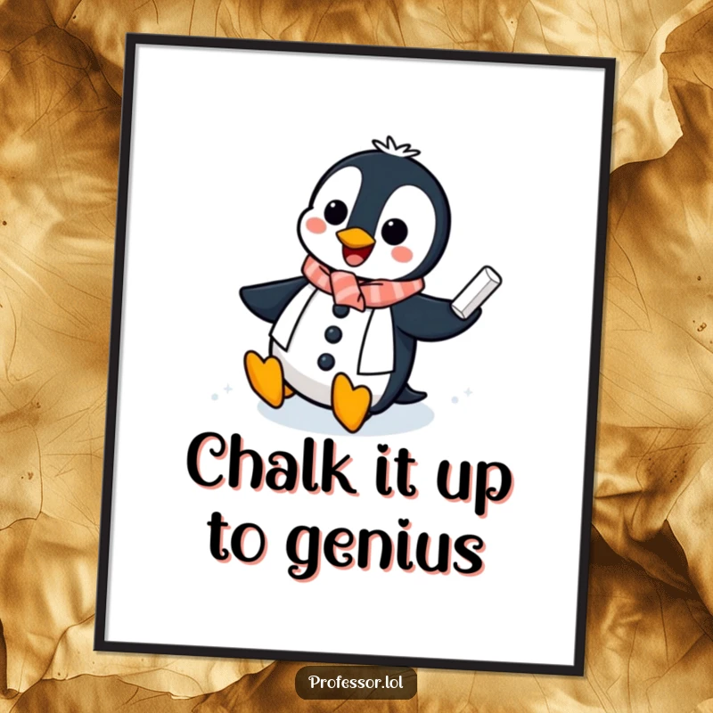 Funny free printable wall art: A cheerful penguin professor sliding on an icy chalkboard, leaving a chalky trail.