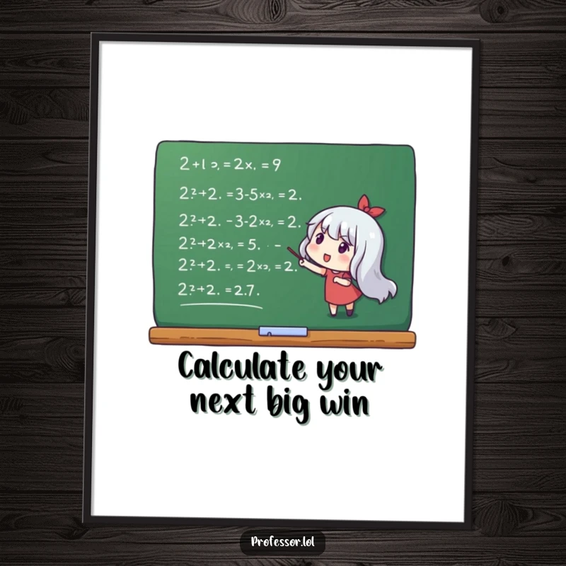 Funny Free Printable Wall Art: A character animatedly pointing at complex mathematical formulas drawn on a chalkboard.
