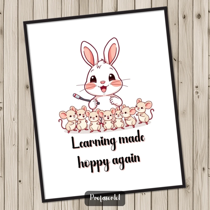 Funny Free Printable Wall Art: A cheerful rabbit character is actively teaching a class of very small, attentive mice.