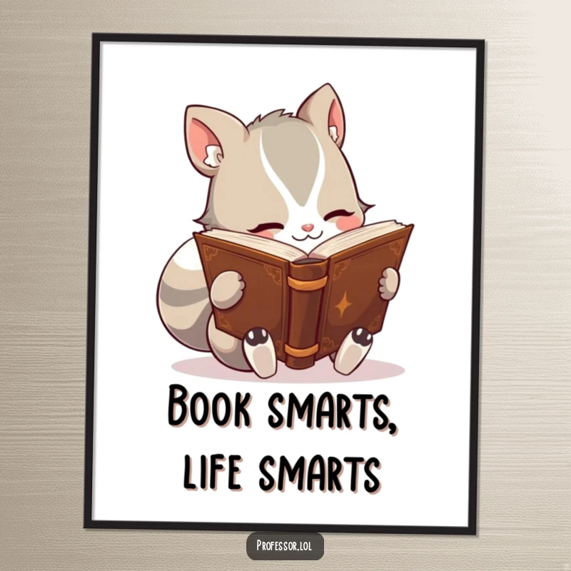 Funny Free Printable Wall Art: An adorable animal character engrossed in reading a vast, ancient-looking book, exuding wisdom and charm.