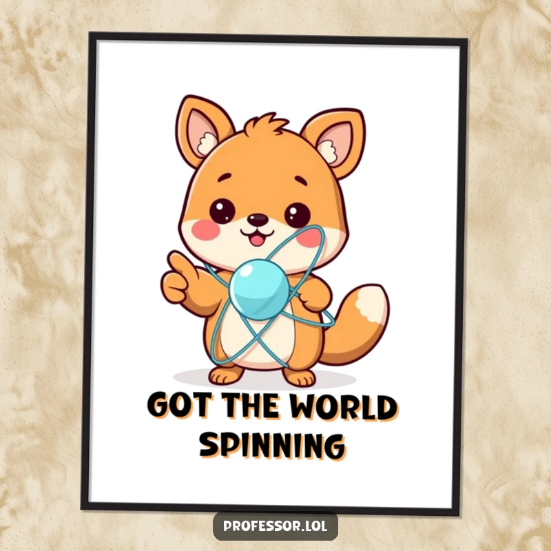 Funny Free Printable Wall Art: An adorable animal character excitedly pointing at a spinning, detailed atom model, embodying scientific curiosity.