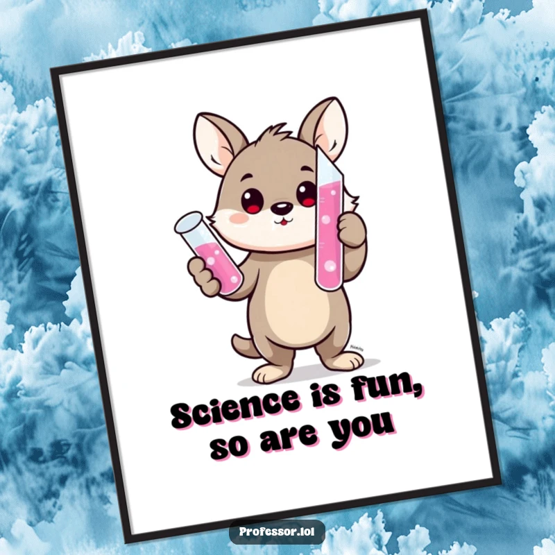 Funny Free Printable Wall Art: A cute animal character as a mad scientist, proudly holding a test tube of pink bubbling liquid, scientific decor.