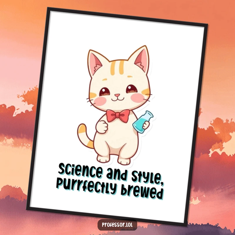 Funny Free Printable Wall Art: A playful cat wearing a bow tie holds a small beaker, looking intelligent and mischievous.