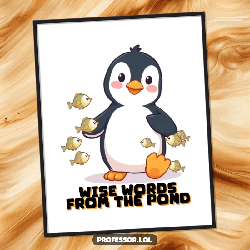 Funny Free Printable Wall Art: A playful penguin lectures a group of tiny fish, creating a humorous classroom scene underwater.