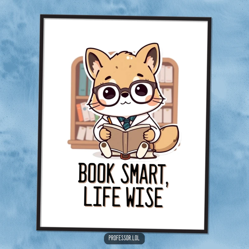 Funny free printable wall art of a cute animal professor wearing spectacles, lecturing a group of tiny, attentive books.