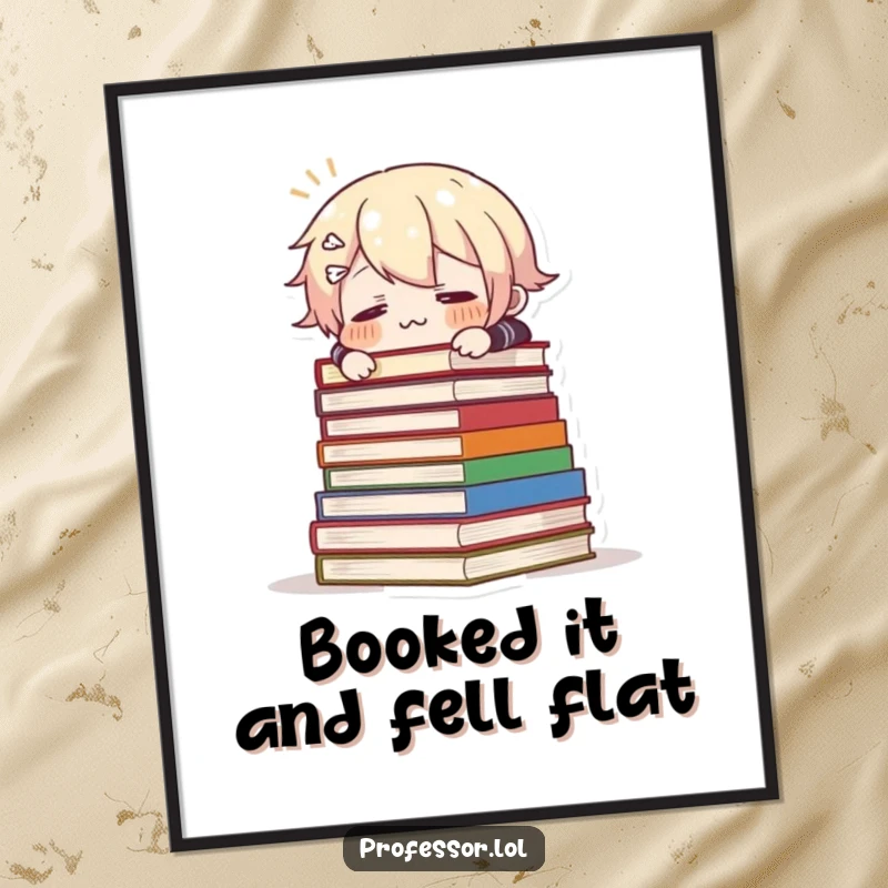 Funny Free Printable Wall Art: A character comically trips and falls over a large pile of heavy books, looking shocked.