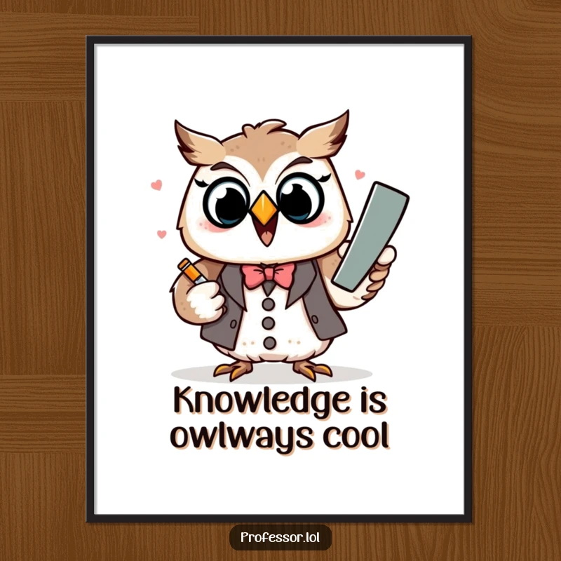 Funny Free Printable Wall Art: A delighted Kawaii owl professor character enthusiastically teaching with a large chalk and a gleeful expression.