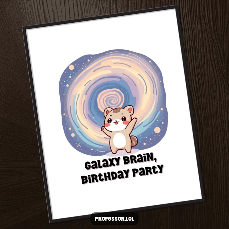 Funny Free Printable Wall Art: Small animal character excitedly pointing at a vast, colorful swirling galaxy.
