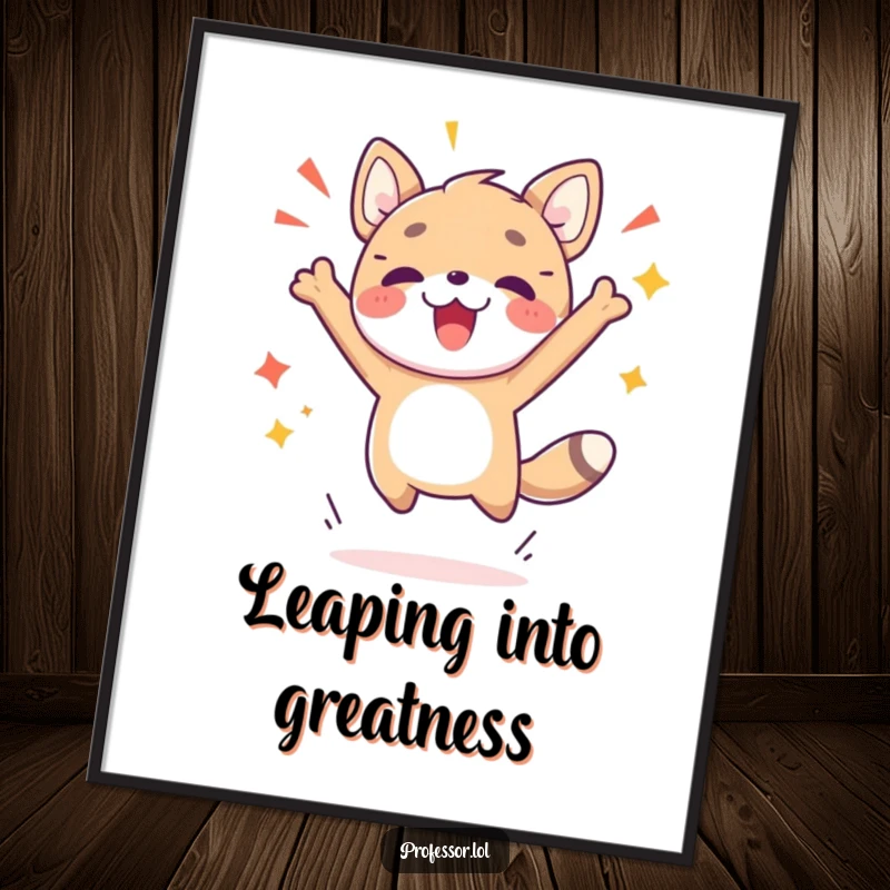 Funny Free Printable Wall Art: An energetic animal character performing a triumphant jump, symbolizing a breakthrough.
