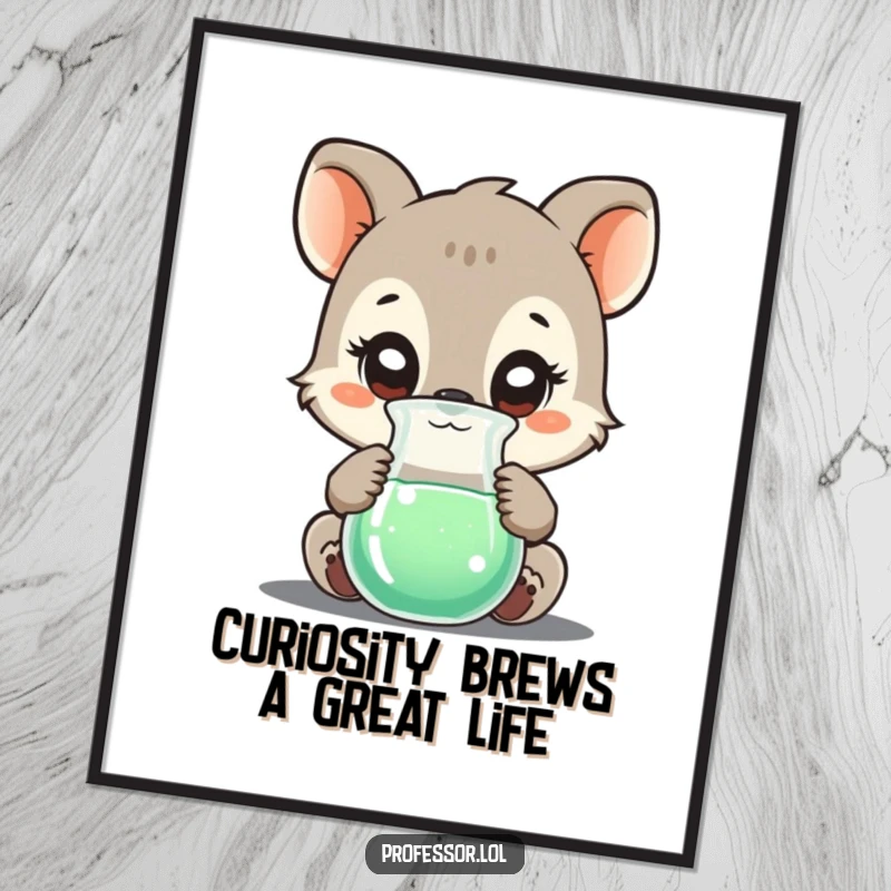 Funny free printable wall art of a wide-eyed curious animal character intently studying a bubbling, mysterious beaker.